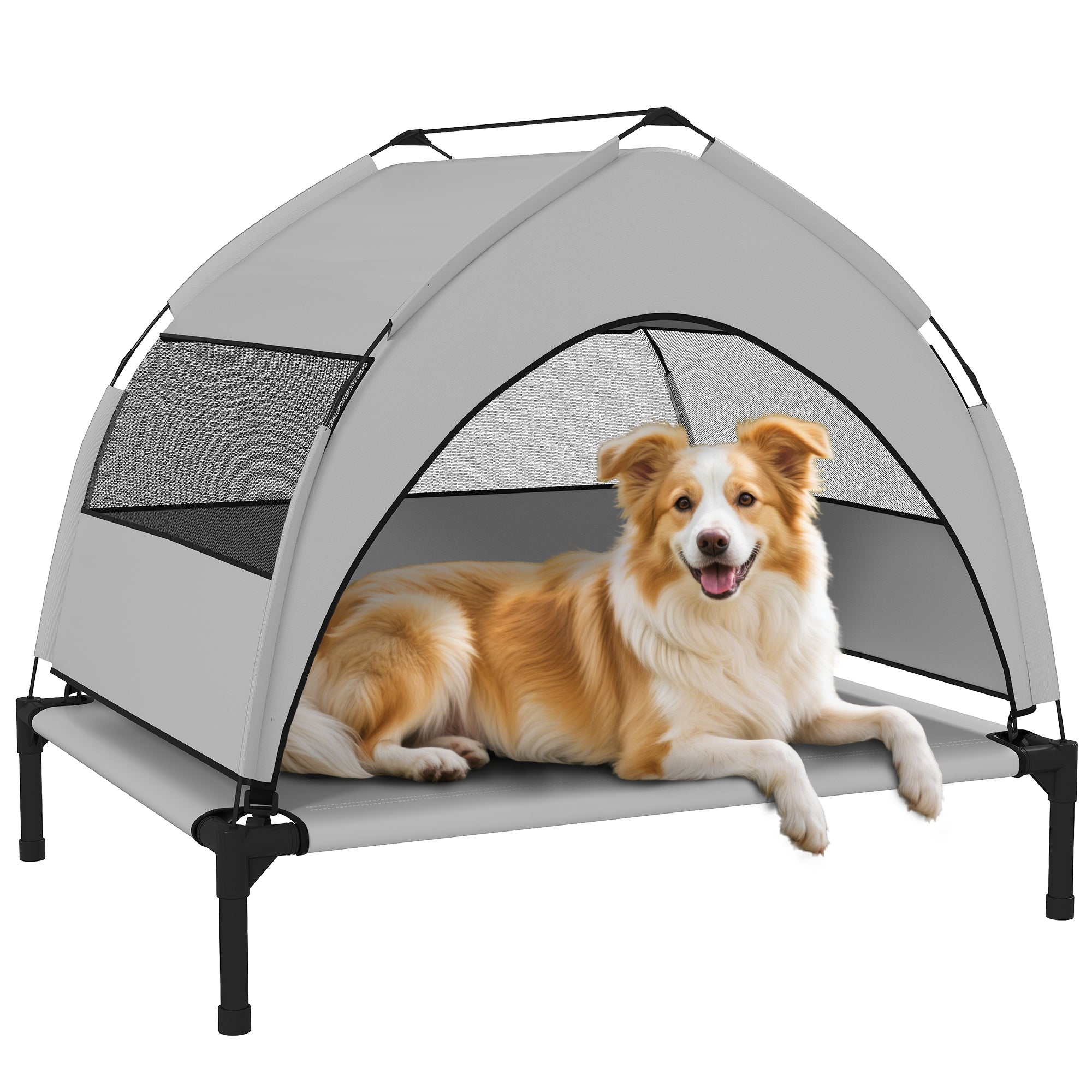 Udendørs Hundeseng Med Tag Hævet Hundeseng Til Mellemstore Hunde Med Stålramme 76x61x70cm Lysegrå